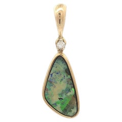 18k Solid Yellow Gold Freeform Boulder Opal Diamond Bezel Charm Pendant