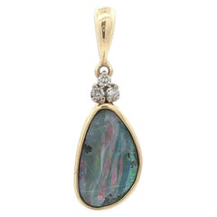 18k Yellow Gold Freeform Bezel Boulder Opal Diamond Drop Charm Pendant
