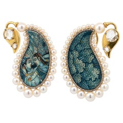Silvia Furmanovich 18k Gold Pearl & Diamond Miniature Painting Paisley Earrings