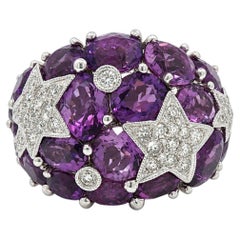 18k White Gold 9.18ctw Amethyst & Diamond Stars Domed Bombe Band Ring