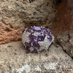 18k White Gold 9.18ctw Amethyst & Diamond Stars Domed Bombe Band Ring