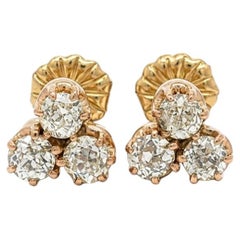Antique Victorian Gold .50ctw Old Diamond Trinity 3 Stone Cluster Stud Earrings
