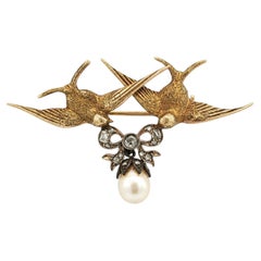 Antique Edwardian Gold & Silver Dual Swallow Birds Diamond Ribbon Pearl Brooch