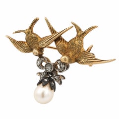 Antique Edwardian Gold & Silver Dual Swallow Birds Diamond Ribbon Pearl Brooch