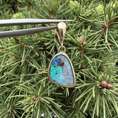 18k Yellow Gold Free Form Green & Blue Fiery Boulder Opal Bezel Charm Pendant