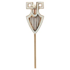 Antique 14k Gold Pearl & White Enamel Work Lyre Harp Music Fraternity Stick Pin