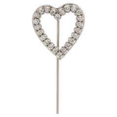 Vintage Solid White Gold 0.84ctw Old Diamond Large Open Heart Stick Pin Brooch
