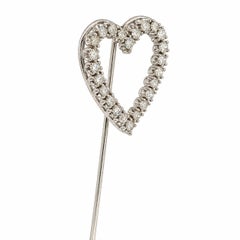 Vintage Solid White Gold 0.84ctw Old Diamond Large Open Heart Stick Pin Brooch