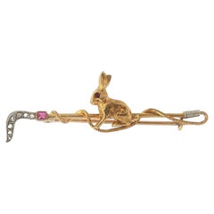 Antique Edwardian Gold Platinum Ruby Diamond Rabbit Hare Hunting Whip Brooch Pin