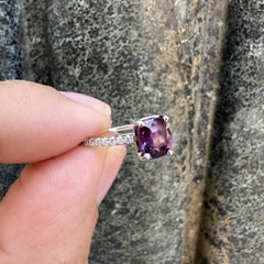 14k White Gold GIA Deep Vivid Cushion Purple Pink Sapphire Diamond Sides Ring
