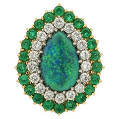 Large Solid Gold GIA Pear Australian Black Opal Emerald & Diamond Statement Ring