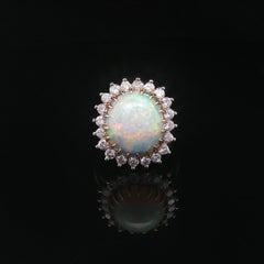Vintage 18k Gold Oval Domed White Opal w/ Elegant Diamond Frame Flower Ring