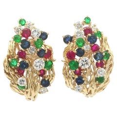 Vintage Solid Gold Sapphire Ruby Emerald Diamond Textured Leaf Screw On Earrings