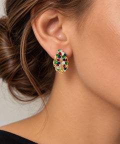 Vintage Solid Gold Sapphire Ruby Emerald Diamond Textured Leaf Screw On Earrings