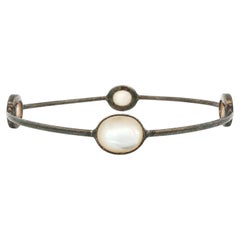 Vintage Sterling Silver Mother of Pearl Bezel Station Slip On Bangle Bracelet