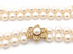 Substantial GIA Akoya Pearls 2 Strand Necklace w/ 18k Gold Diamond Flower Clasp