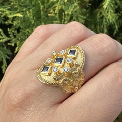 18k Yellow Gold Bezel Square Sapphire Diamond Twisted Wire Wide Cigar Band Ring