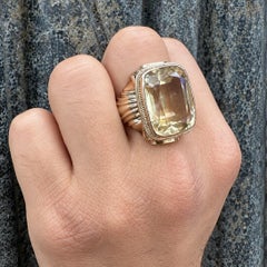Men's 10k Yellow Gold Large Lemon Quartz Bezel Solitaire Twisted Wire Frame Ring