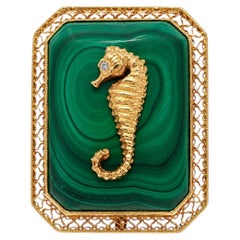 Vintage Yellow Gold Very Large Malachite Detailed Sea Horse Filigree Frame Ring