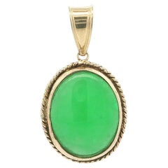 Vintage Yellow Gold Oval Bezek Rich Green Jade Twisted Wire Frame Pendant