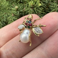 18k Yellow Gold Baroque Pearl Diamond Ruby Sapphire & Emerald Bee Fly Brooch