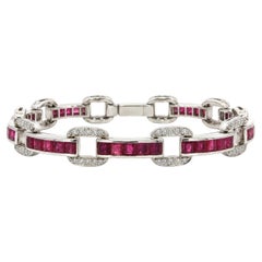 18k White Gold 10.60ctw Square Ruby & Round Diamond Well Made Link Bracelet