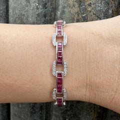 18k White Gold 10.60ctw Square Ruby & Round Diamond Well Made Link Bracelet