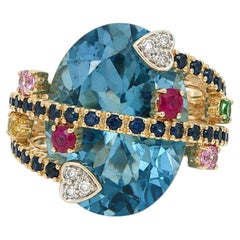 14k Yellow Gold Large Oval Blue Topaz w/ Sapphire Diamond & Ruby Ring
