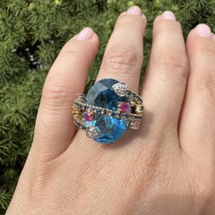 14k Yellow Gold Large Oval Blue Topaz w/ Sapphire Diamond & Ruby Ring