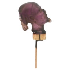 Antique Yellow Gold Carved Face Head Purple Stone Stick Pin