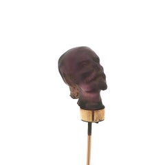 Antique Yellow Gold Carved Face Head Purple Stone Stick Pin