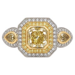 Beautiful 18k Gold 3.62ctw GIA Yellow & White Diamond Milgrain Ring