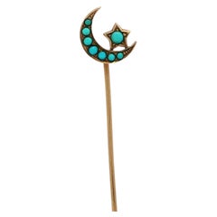 Antique Yellow Gold Round Cabochon Turquoise Crescent Moon & Star Stick Pin