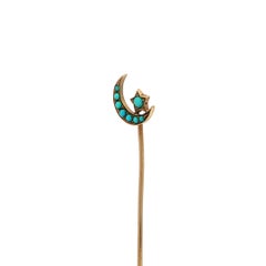 Antique Yellow Gold Round Cabochon Turquoise Crescent Moon & Star Stick Pin
