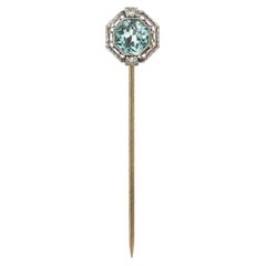 Antique Edwardian Gold Platinum Octagonal Aquamarine Diamond Filigree Stick Pin