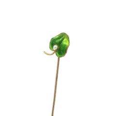 Vintage Yellow Gold Seed Pearl Highly Detailed Green Enamel Leaf Stick Pin