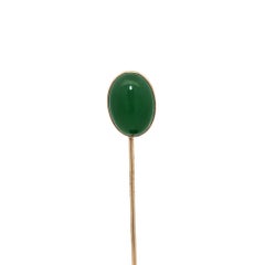 14k Yellow Gold Large Oval Cabochon Bezel Set Green Chalcedony Stick Pin