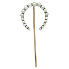 Antique Yellow Gold Graduated Pearls Lucky Horseshoe Pin Stick