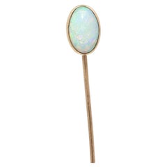 Solid Yellow Gold Oval Cabochon Cut Bezel Set Fiery Colorful Opal Stick Pin