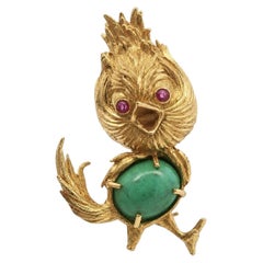 Garavelli Italian 18k Gold Turquoise & Ruby Detailed Baby Bird Pin Brooch