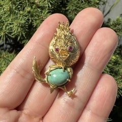 Garavelli Italian 18k Gold Turquoise & Ruby Detailed Baby Bird Pin Brooch