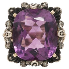 Vintage-Ring im Arts-and-Crafts-Stil aus 18-karätigem Gold mit silberner Oberseite, Amethyst und Diamanten in Blumenform