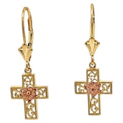 Beverly Hills 14k Yellow & Rose Gold Floral Work Cross Dangle Drop Earrings