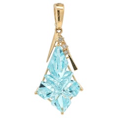 14k Yellow Gold Kite Fantasy Unique Cut Blue Topaz w/ Diamond Enhancer Pendant