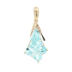 14k Yellow Gold Kite Fantasy Unique Cut Blue Topaz w/ Diamond Enhancer Pendant