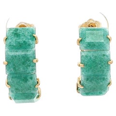 14k Yellow Gold Rectangular Molted Green Rough Emerald Cuff Stud Earrings