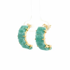 14k Yellow Gold Rectangular Molted Green Rough Emerald Cuff Stud Earrings