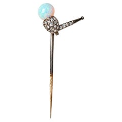 Antique Yellow Gold Old Rose Cut Diamond w/ Opal Bead Smoke Pipe Tie Stick Pin
