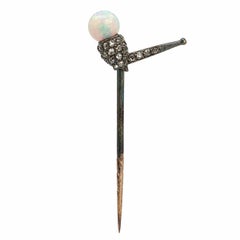 Antique Yellow Gold Old Rose Cut Diamond w/ Opal Bead Smoke Pipe Tie Stick Pin