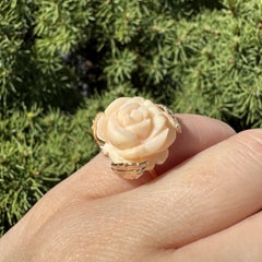 Vintage Yellow Gold Carved Rose Flower Angel Skin Coral w/ Leaf Prongs Ring
